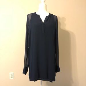 Vince Navy Sheer Silk Long Sleeve Shirtdress